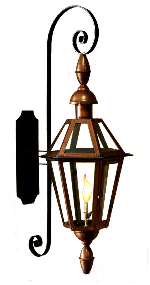Six-Sided French Quarter Lantern with Church Top and Bottom Finials on Premium Full Scroll Bracket